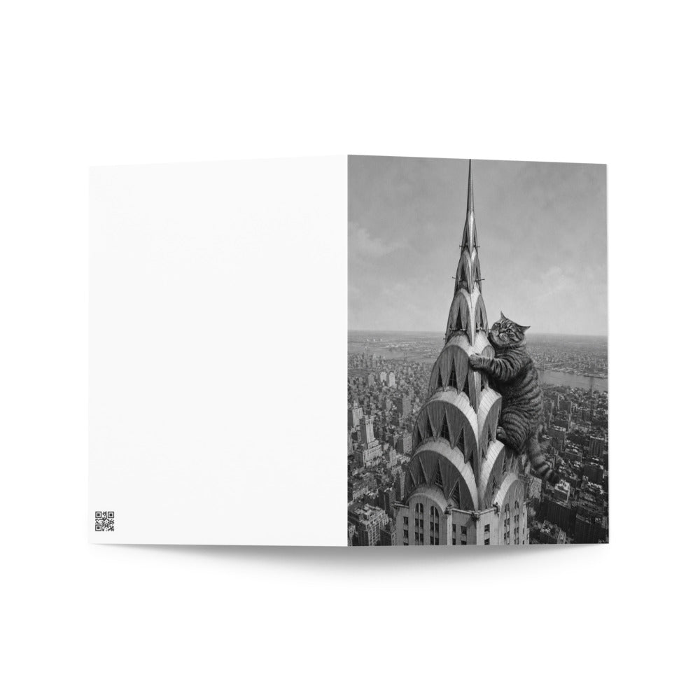 Custom cat portrait greeting card in the Chrysler Building style