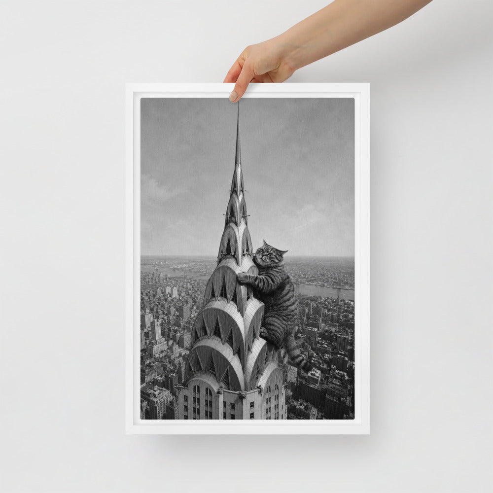 Chrysler Building cat portrait canvas print, 12 x 18 in, in a white floating frame