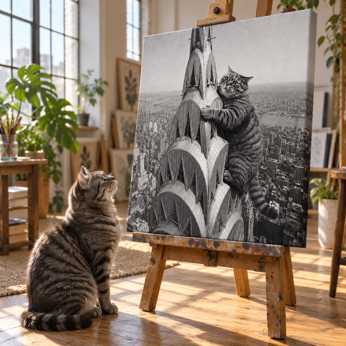 Tabby cat beside its Chrysler Building canvas portrait