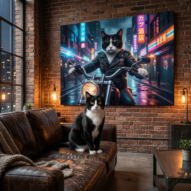 Cinematic Biker Canvas room mockup; custom cat portrait canvas from photo in the Cinematic Biker style; tuxedo cat; proof before print.