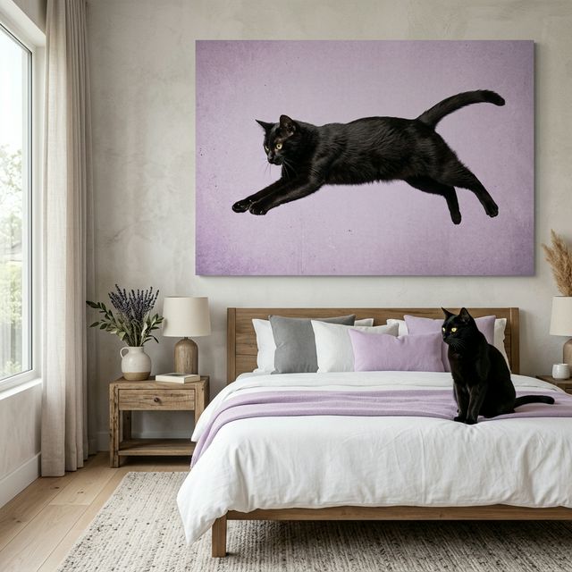 Corridor Escape Canvas room mockup; custom cat portrait canvas from photo in the Corridor Escape style; black cat; proof before print.