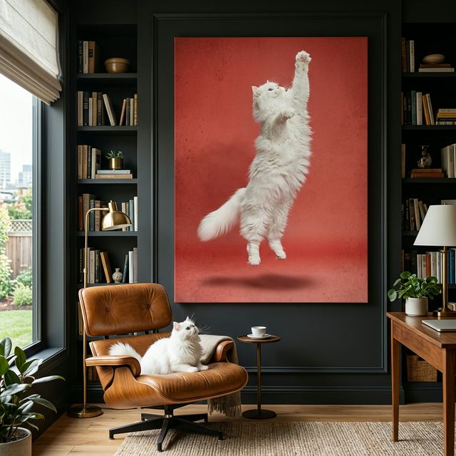 Corridor Escape Canvas room mockup; custom cat portrait canvas from photo in the Corridor Escape style; longhair cat; proof before print.