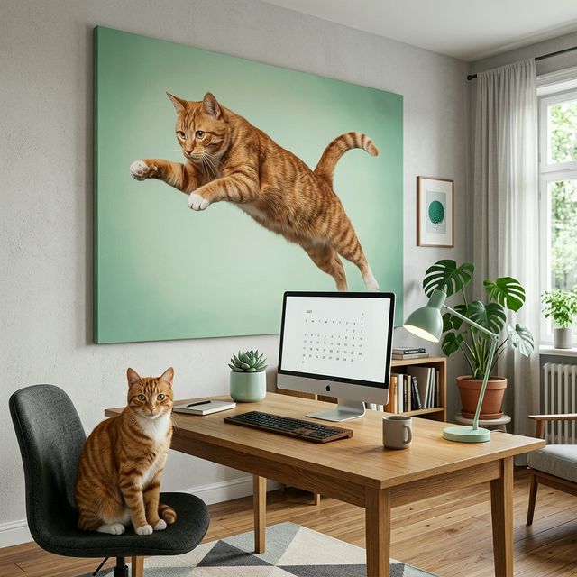 Corridor Escape Canvas room mockup; custom cat portrait canvas from photo in the Corridor Escape style; orange tabby cat; proof before print.