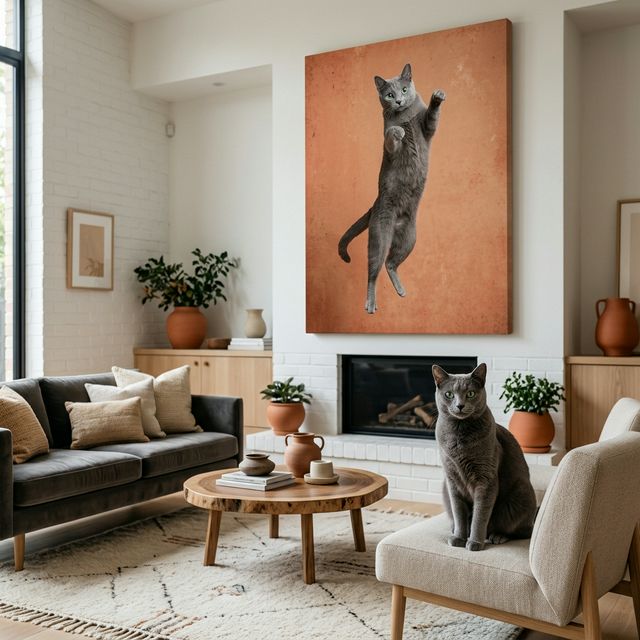 Corridor Escape Canvas room mockup; custom cat portrait canvas from photo in the Corridor Escape style; gray cat; proof before print.