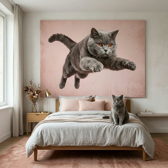 Corridor Escape Canvas room mockup; custom cat portrait canvas from photo in the Corridor Escape style; gray cat; proof before print.