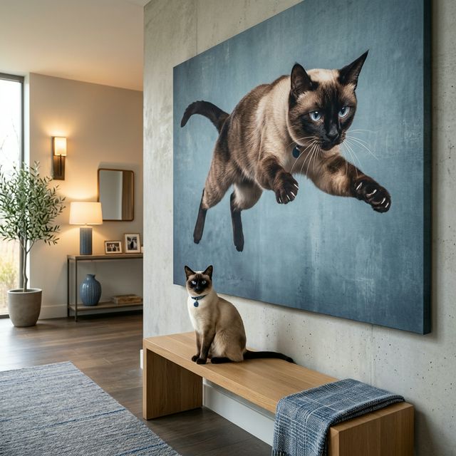 Corridor Escape Canvas room mockup; custom cat portrait canvas from photo in the Corridor Escape style; pointed cat; proof before print.
