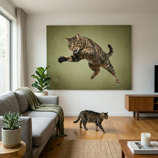 Corridor Escape Canvas room mockup; custom cat portrait canvas from photo in the Corridor Escape style; tabby cat; proof before print.