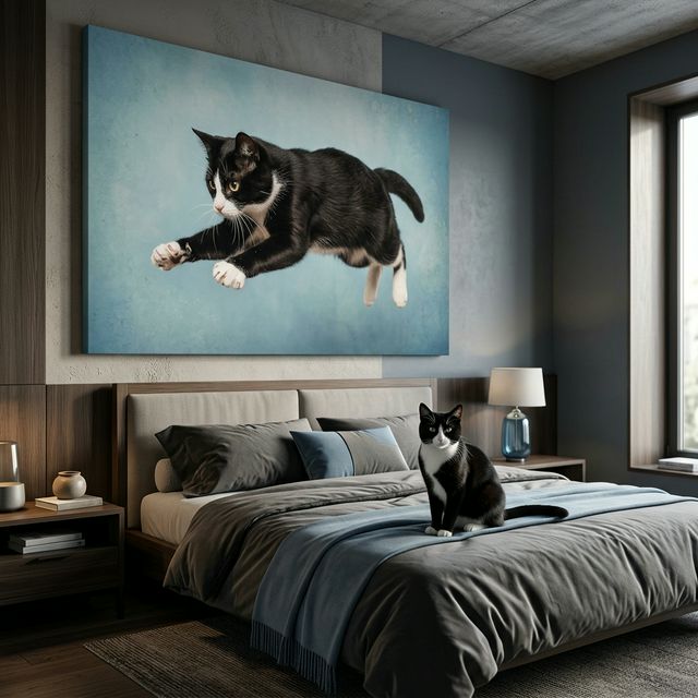 Corridor Escape Canvas room mockup; custom cat portrait canvas from photo in the Corridor Escape style; tuxedo cat; proof before print.