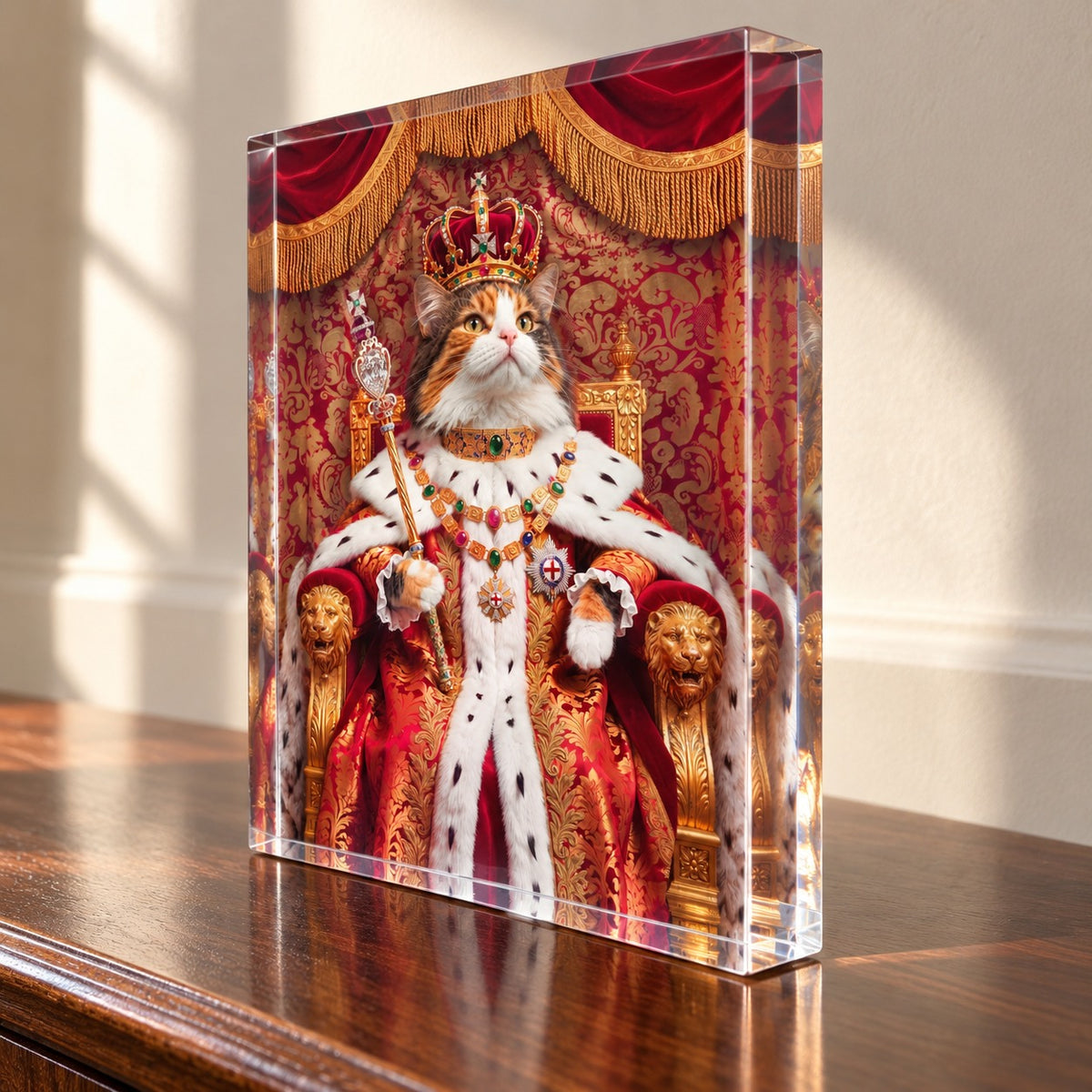 Custom cat portrait acrylic block, Royal style, 1 cat, angled view showing the one inch polished acrylic edge