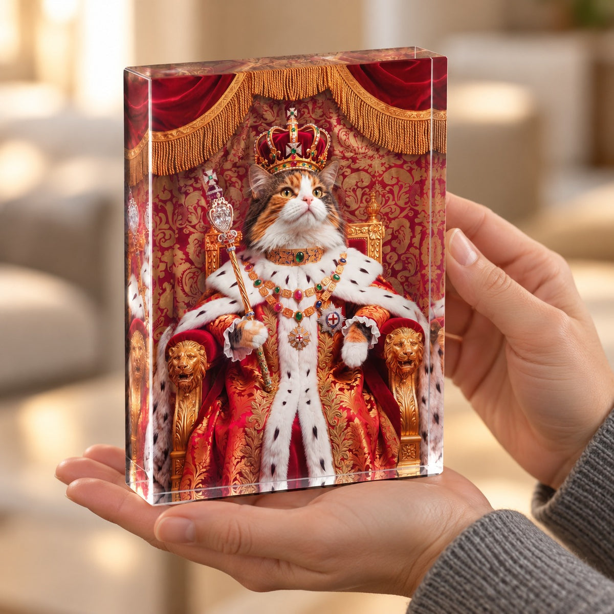 Custom cat portrait acrylic block, Royal style, 1 cat, held in the hand to show its size