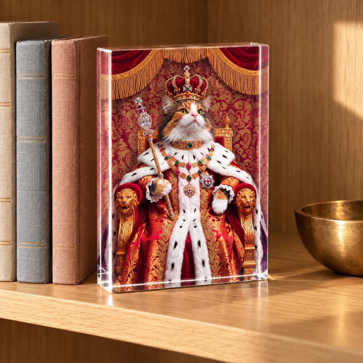 Custom cat portrait acrylic block, Royal style, 1 cat, standing on a bookshelf