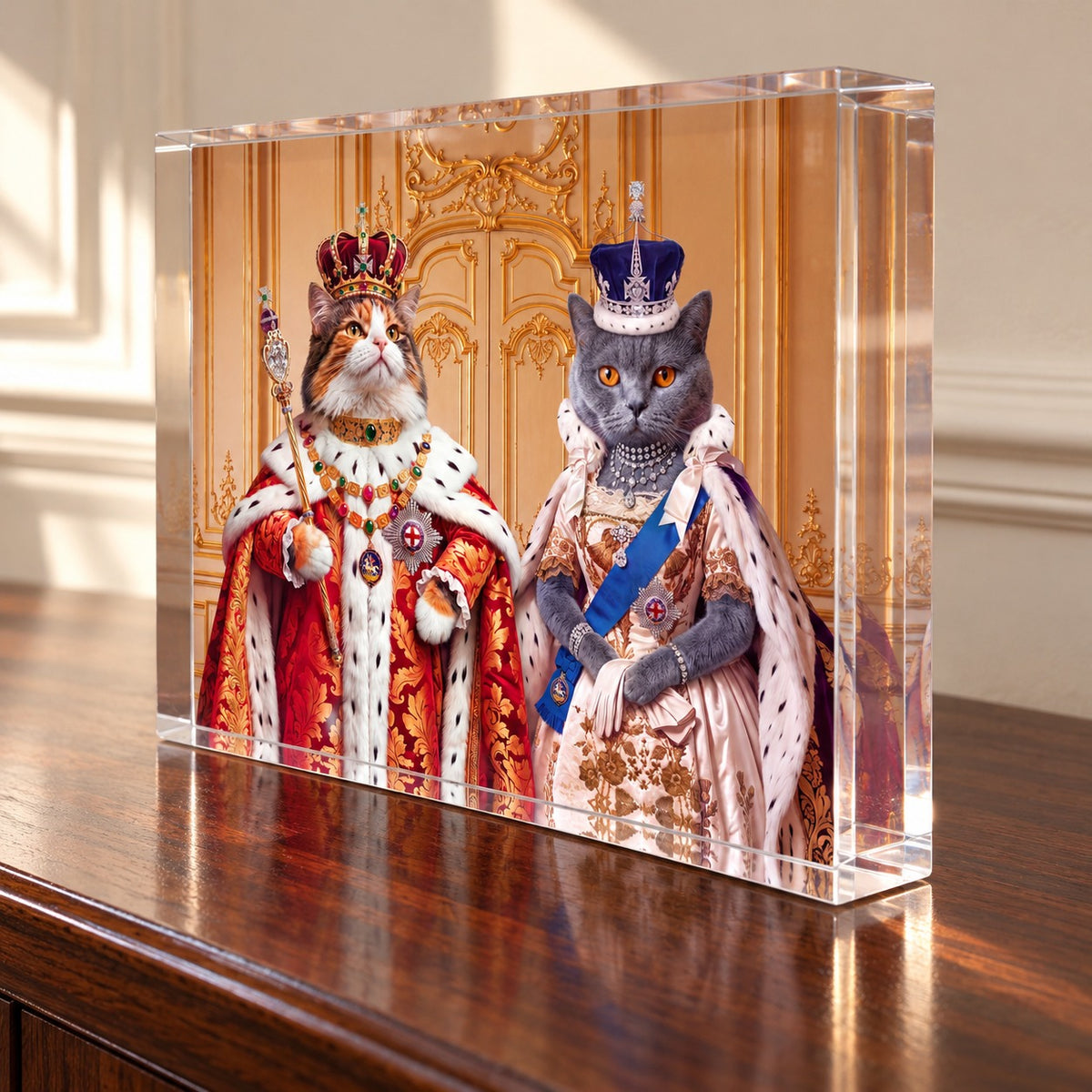 Custom cat portrait acrylic block, Royal style, 2 cats, angled view showing the one inch polished acrylic edge