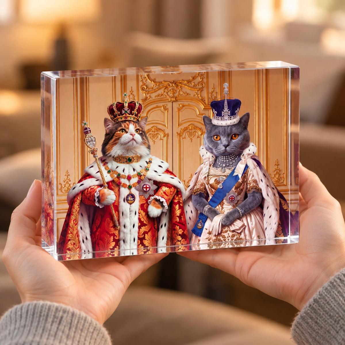Custom cat portrait acrylic block, Royal style, 2 cats, held in the hand to show its size