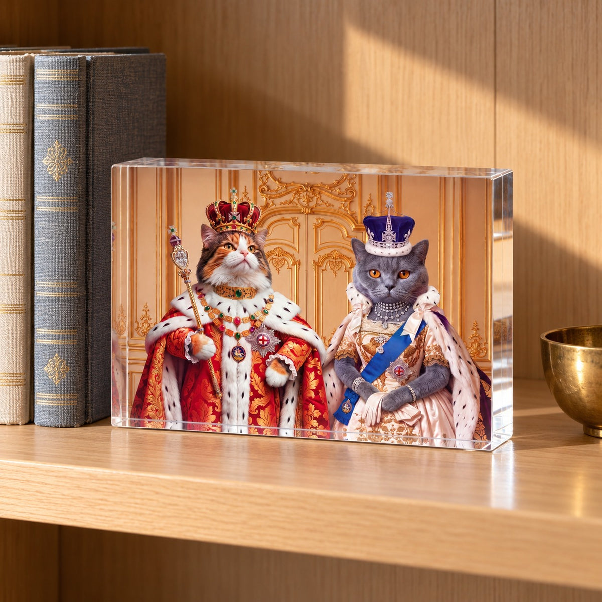 Custom cat portrait acrylic block, Royal style, 2 cats, standing on a bookshelf