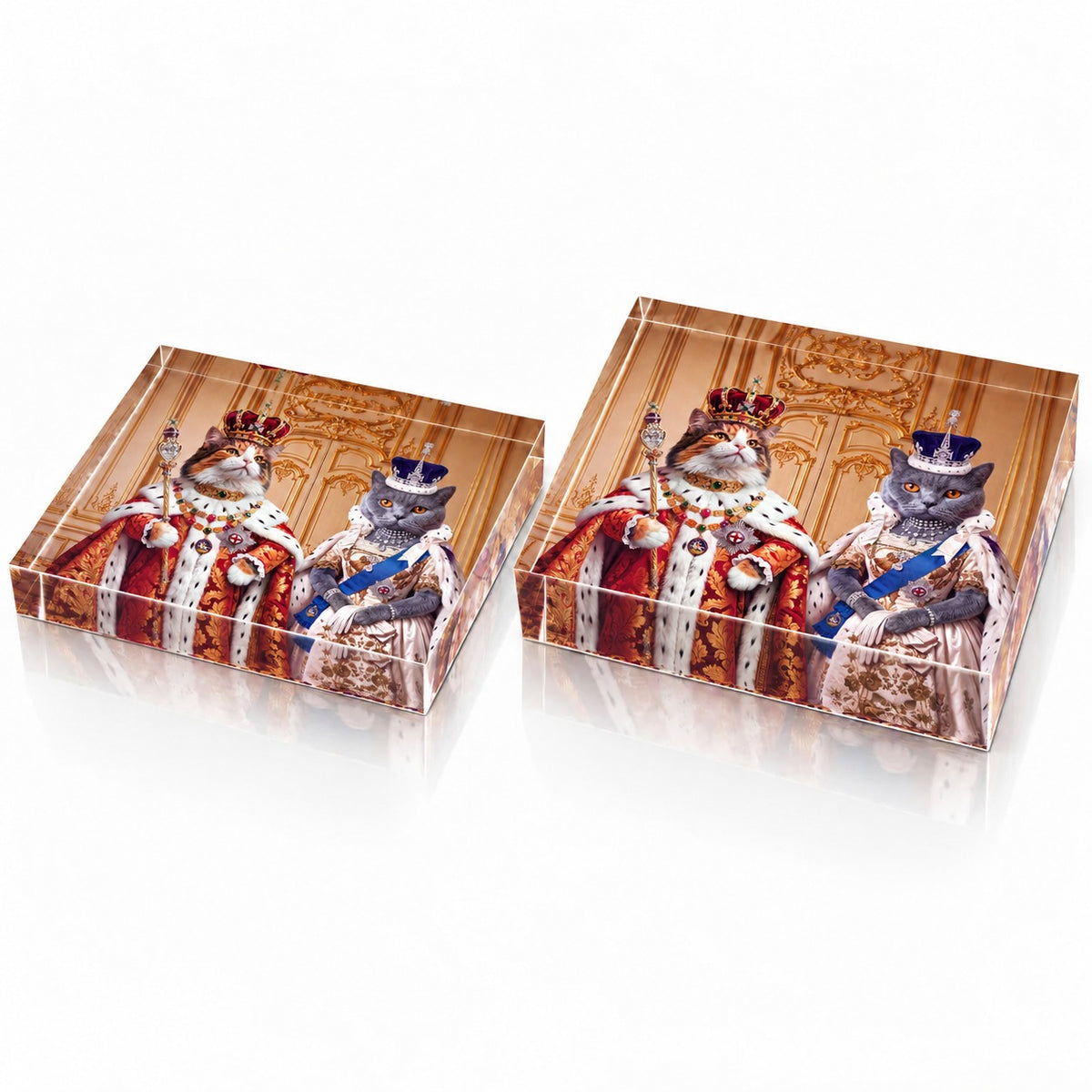 Custom cat portrait acrylic block, Royal style, 2 cats, the standard 1 inch block next to the extra thick block