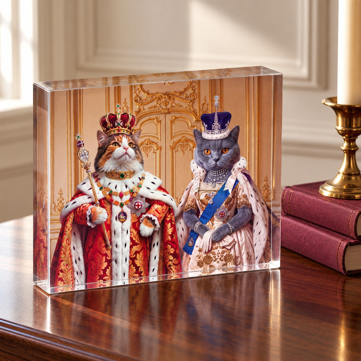 Custom cat portrait acrylic block, Royal style, 2 cats, standing on a table
