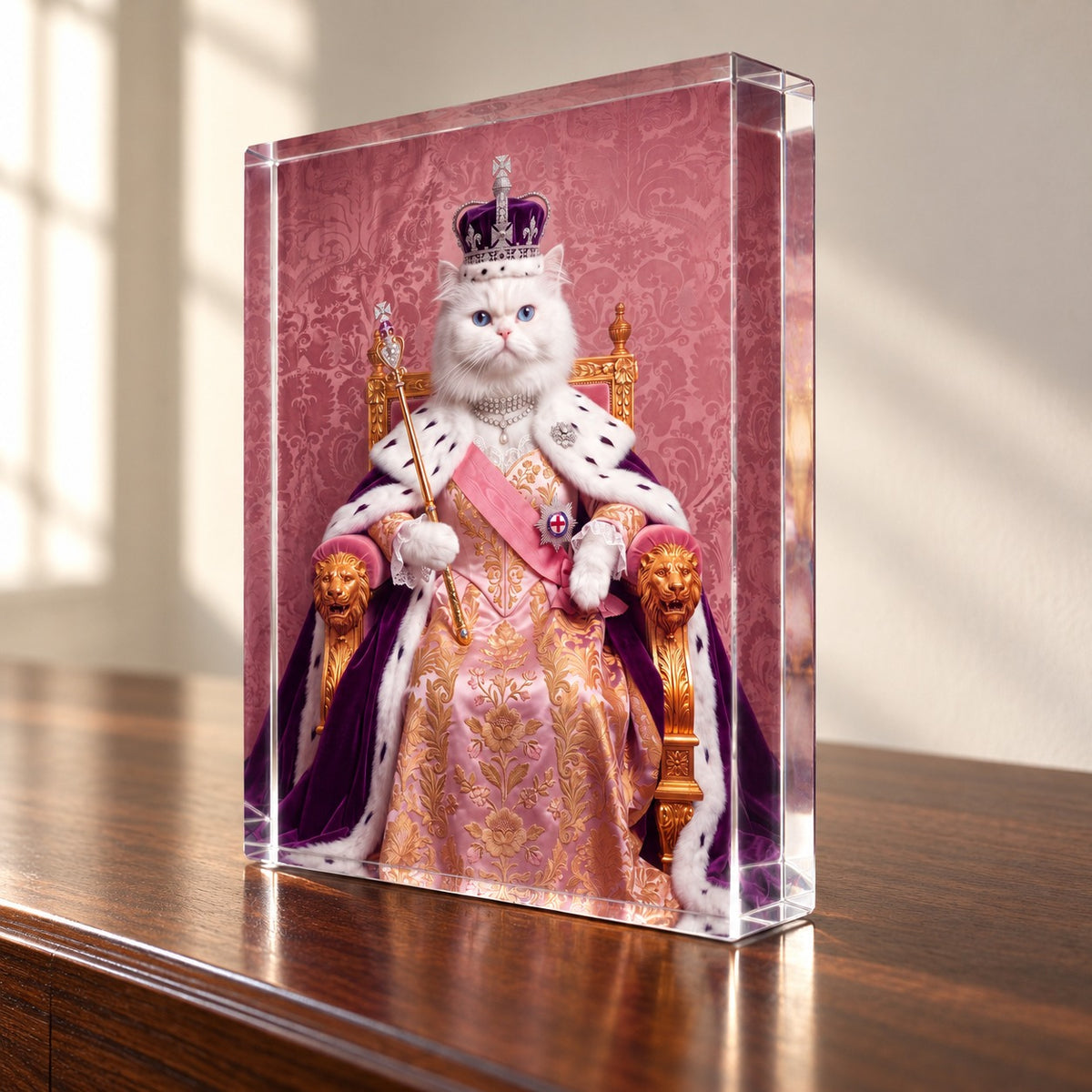 Custom cat portrait acrylic block, Royal Queen style, 1 cat, angled view showing the one inch polished acrylic edge