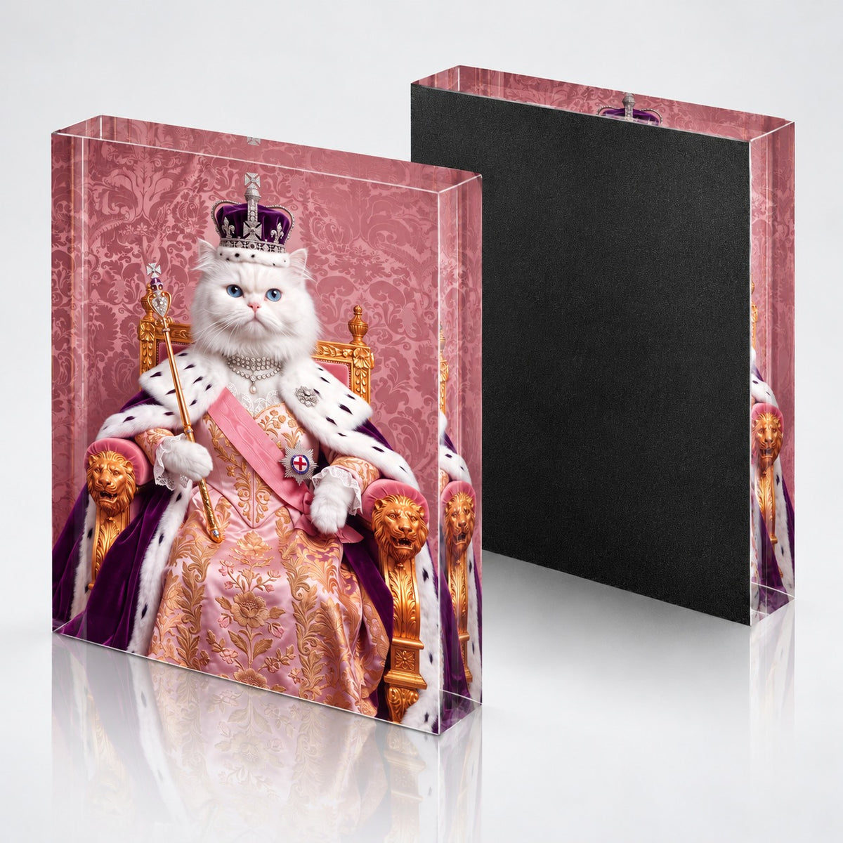 Custom cat portrait acrylic block, Royal Queen style, 1 cat, front and back with the textured black backing