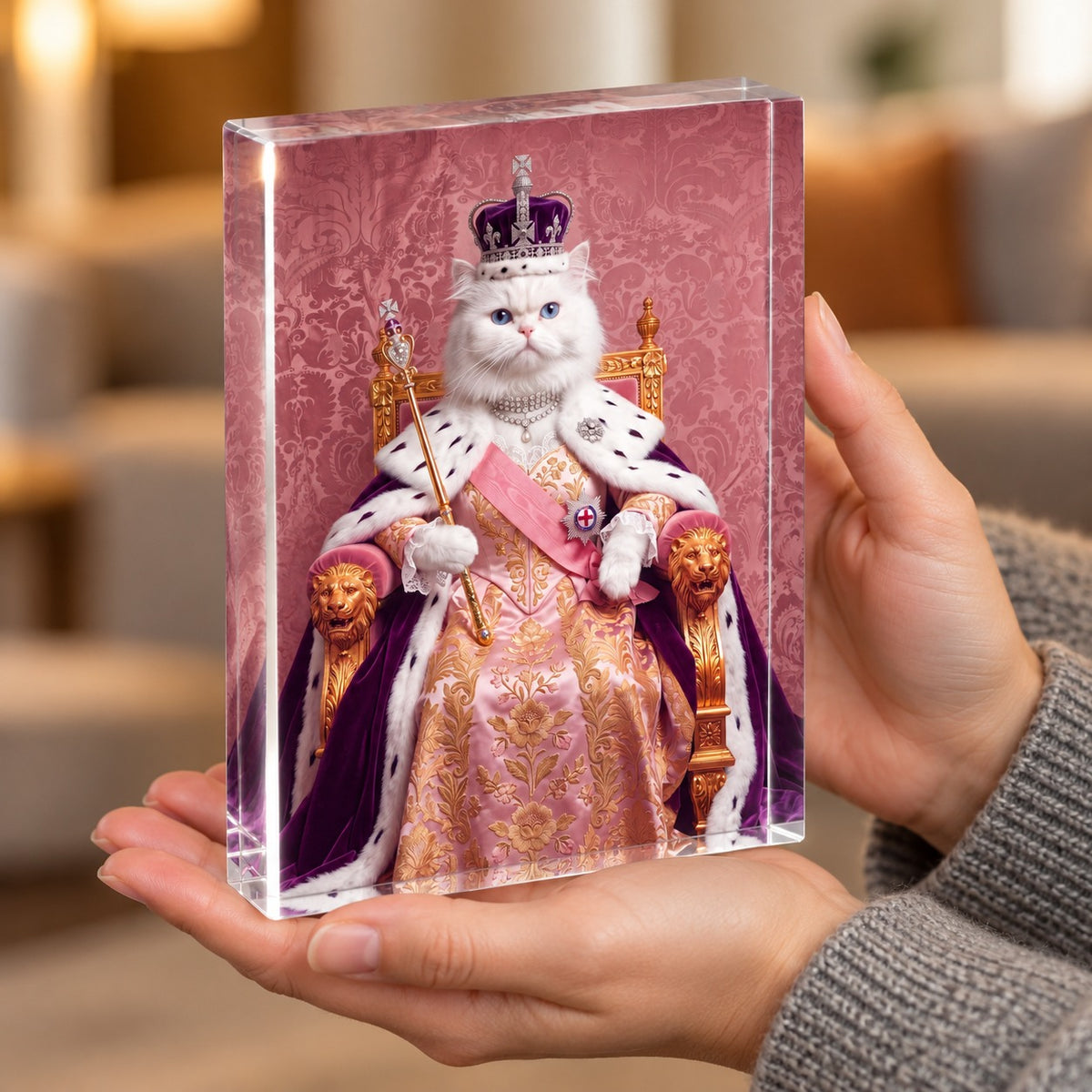 Custom cat portrait acrylic block, Royal Queen style, 1 cat, held in the hand to show its size