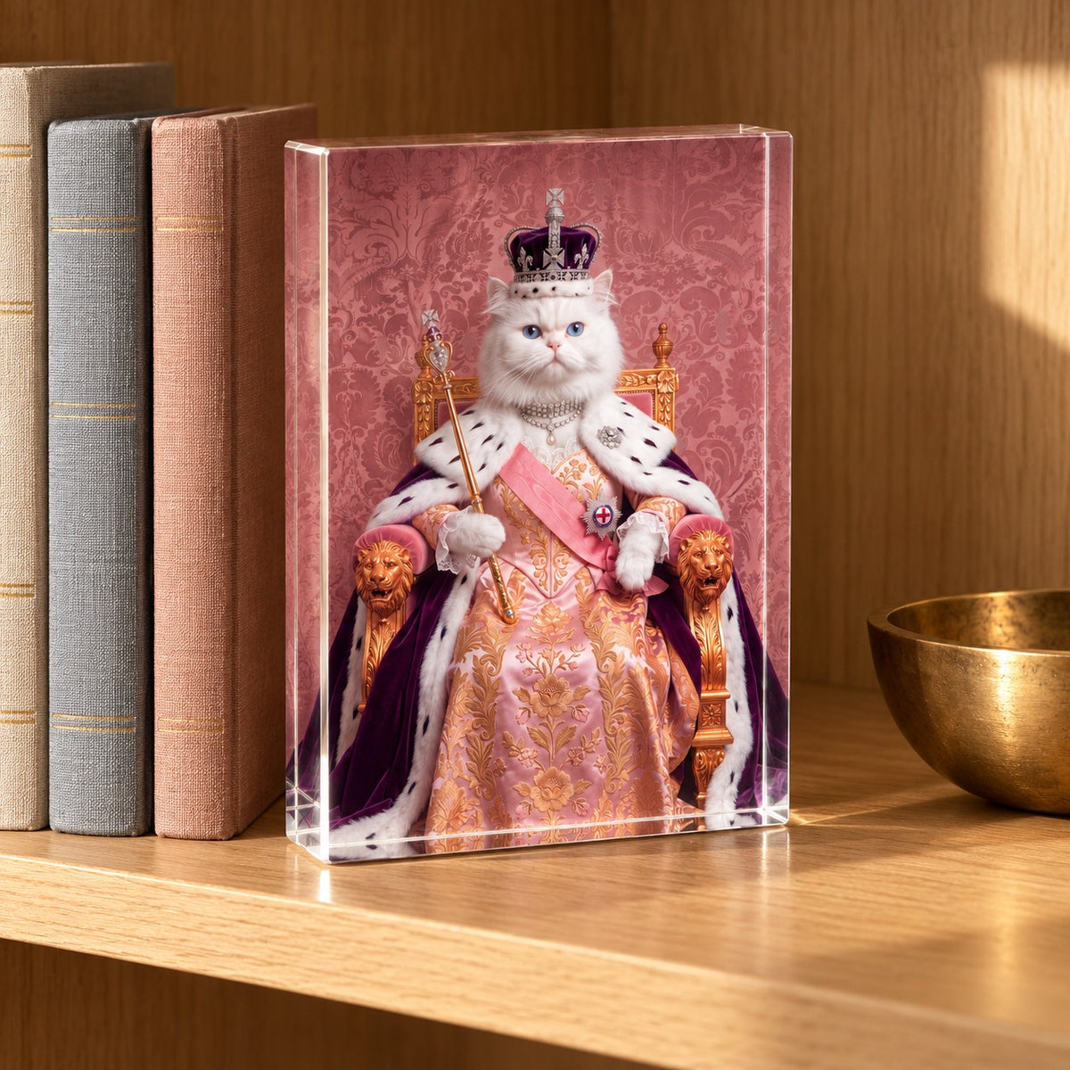 Custom cat portrait acrylic block, Royal Queen style, 1 cat, standing on a bookshelf