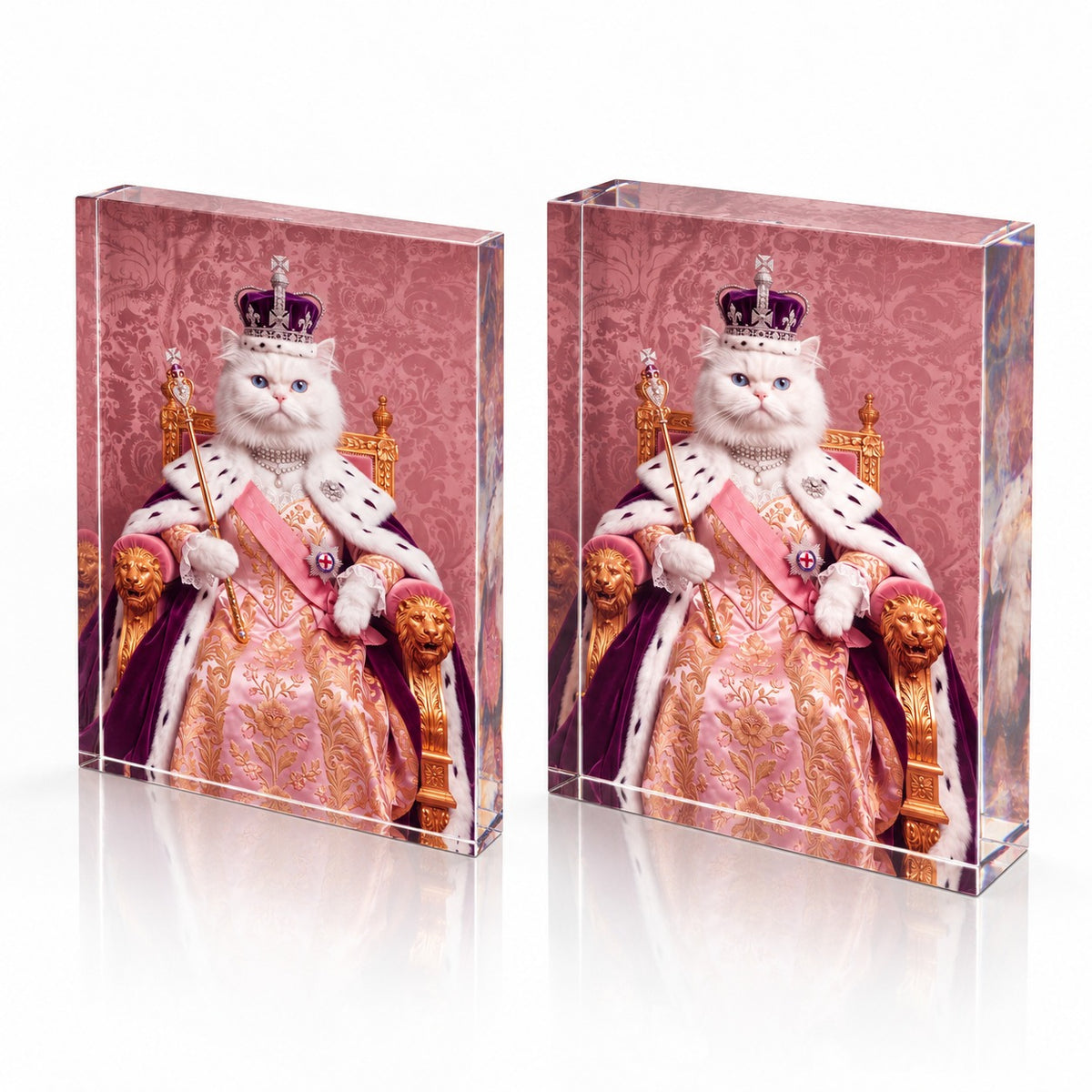 Custom cat portrait acrylic block, Royal Queen style, 1 cat, the standard 1 inch block next to the extra thick block