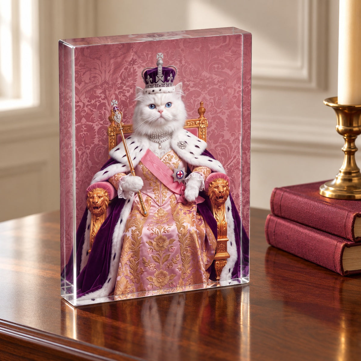 Custom cat portrait acrylic block, Royal Queen style, 1 cat, standing on a table