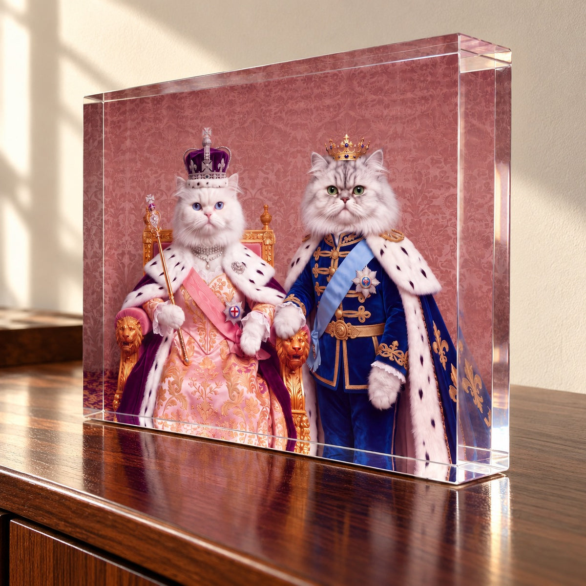 Custom cat portrait acrylic block, Royal Queen style, 2 cats, angled view showing the one inch polished acrylic edge