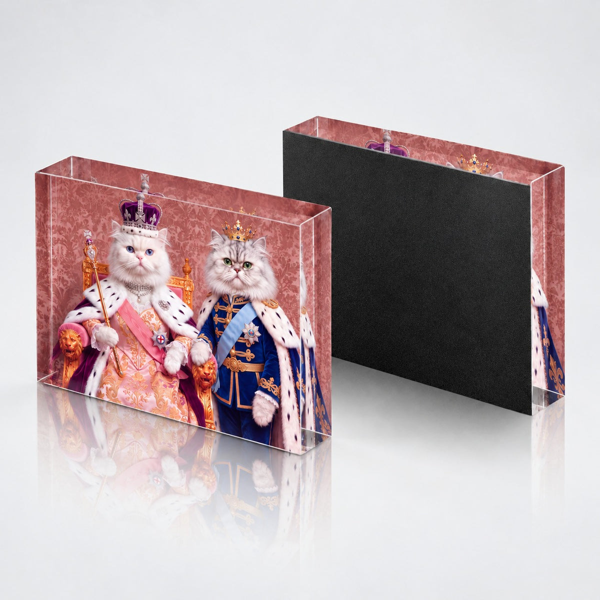Custom cat portrait acrylic block, Royal Queen style, 2 cats, front and back with the textured black backing