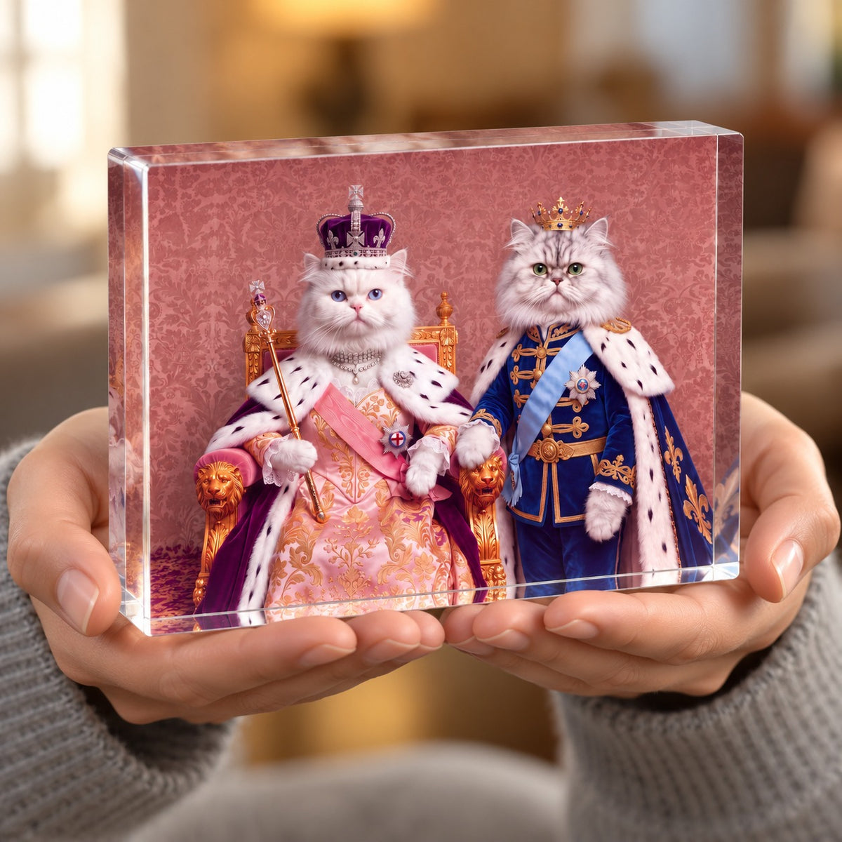 Custom cat portrait acrylic block, Royal Queen style, 2 cats, held in the hand to show its size