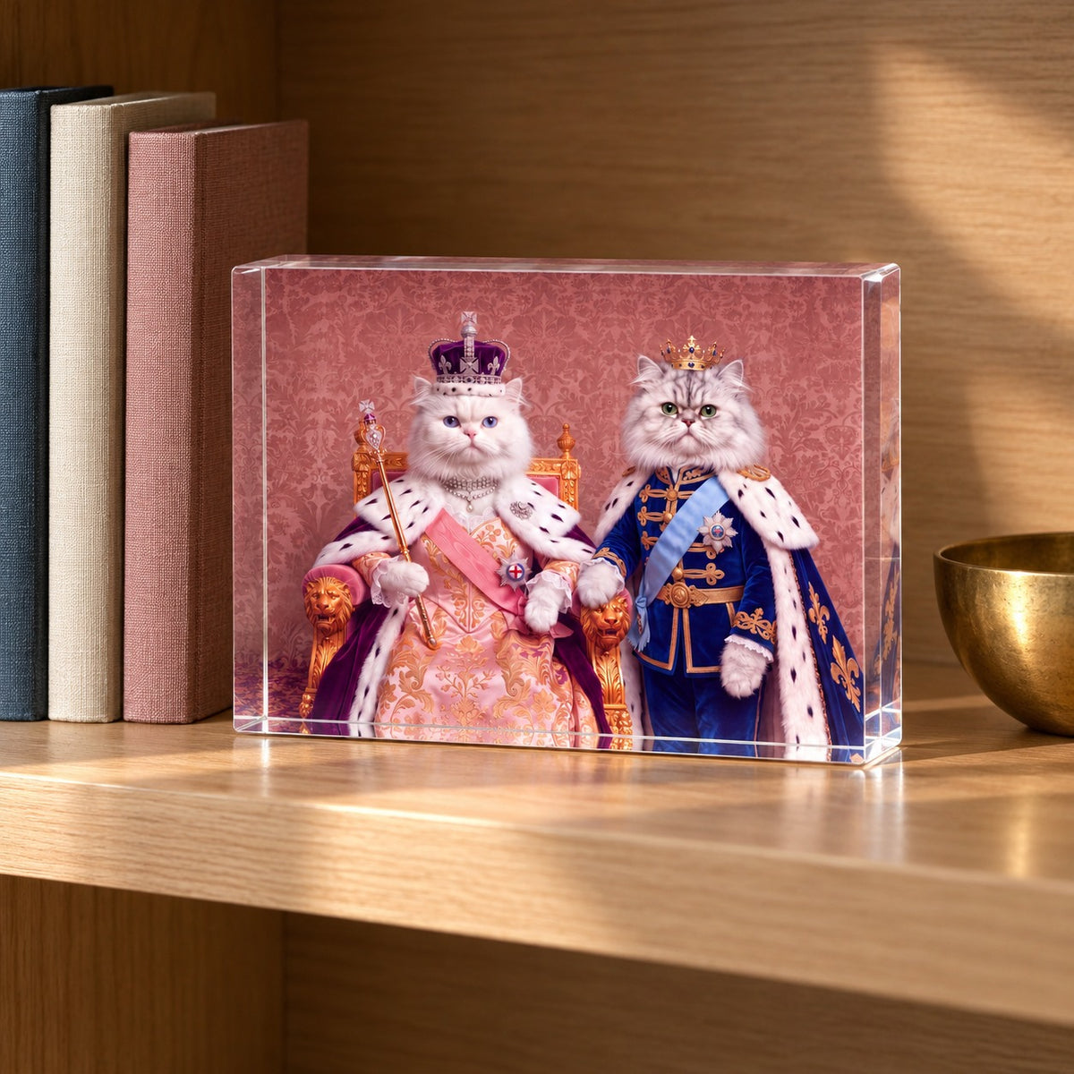 Custom cat portrait acrylic block, Royal Queen style, 2 cats, standing on a bookshelf