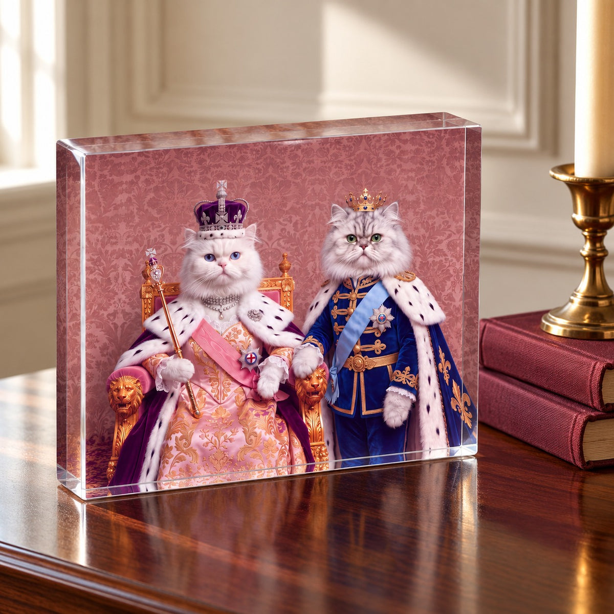 Custom cat portrait acrylic block, Royal Queen style, 2 cats, standing on a table