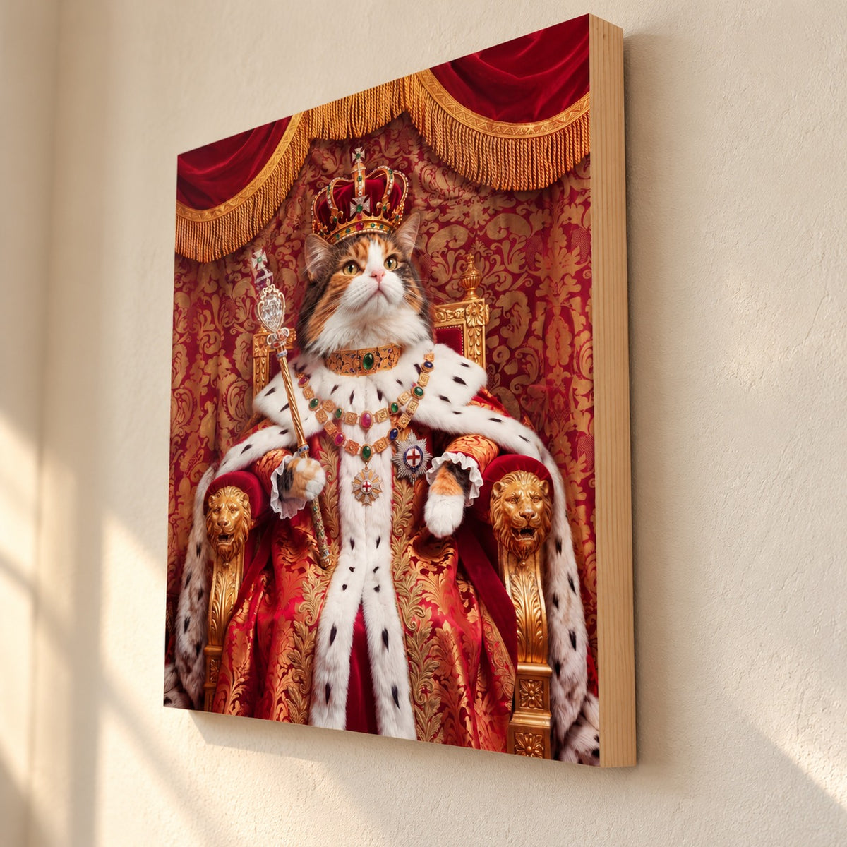 Custom cat portrait maple wood print, Royal style, 1 cat, angled view showing the natural maple edge