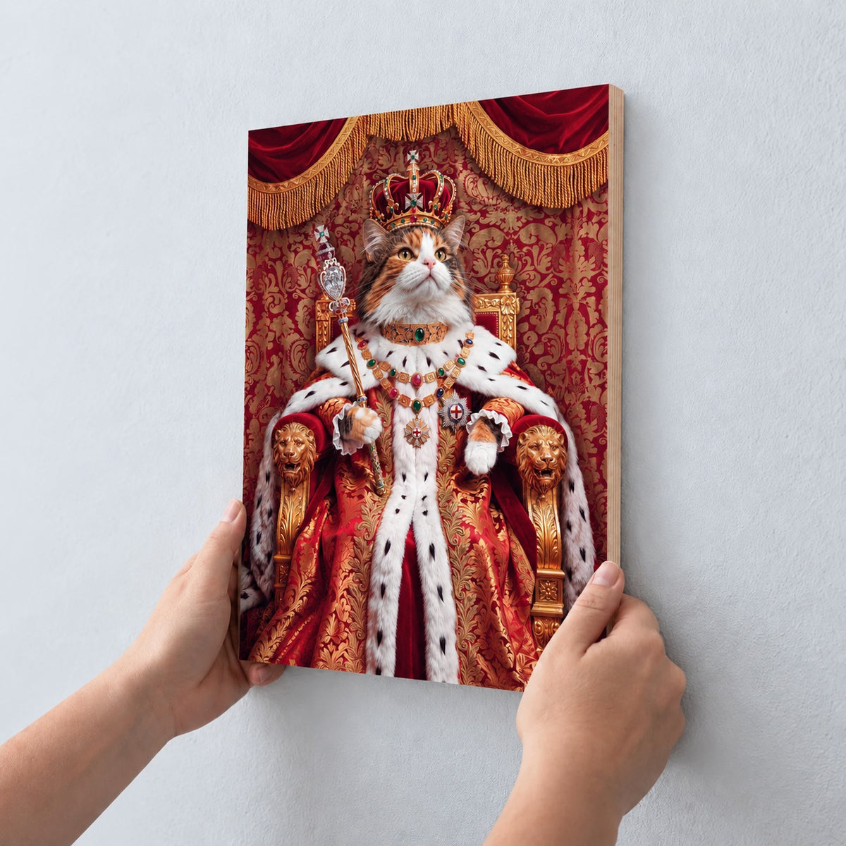 Custom cat portrait maple wood print, Royal style, 1 cat, being hung on a wall
