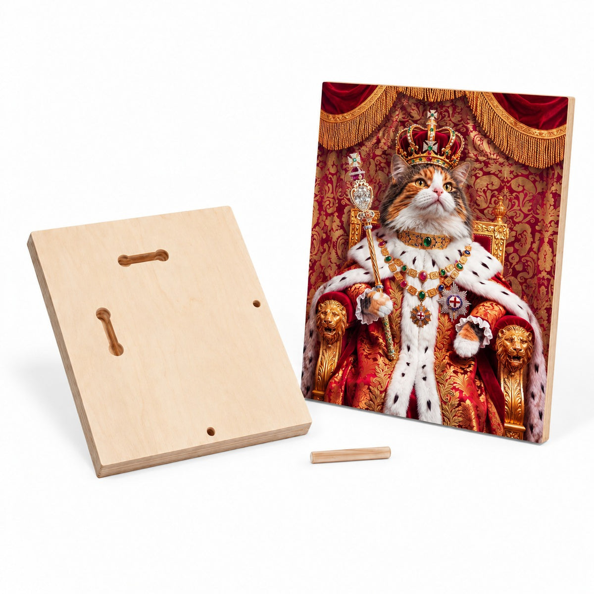 Custom cat portrait maple wood print, Royal style, 1 cat, back with keyholes and the wooden dowel for standing it on a shelf