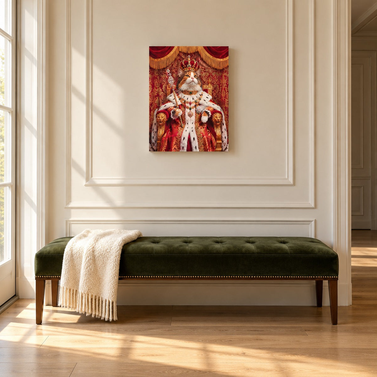 Custom cat portrait maple wood print, Royal style, 1 cat, hanging in an entry hall above a velvet bench