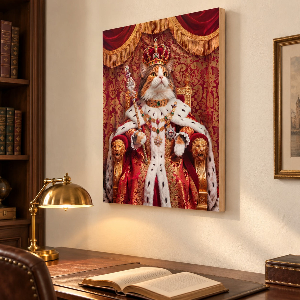 Custom cat portrait maple wood print, Royal style, 1 cat, hanging above a desk