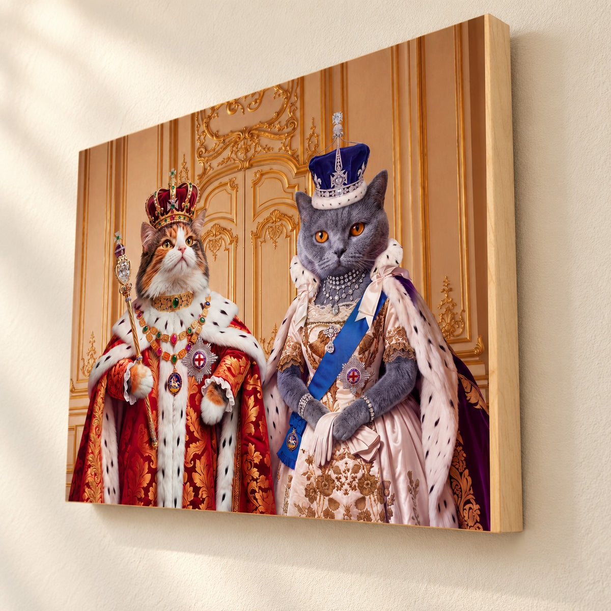 Custom cat portrait maple wood print, Royal style, 2 cats, angled view showing the natural maple edge