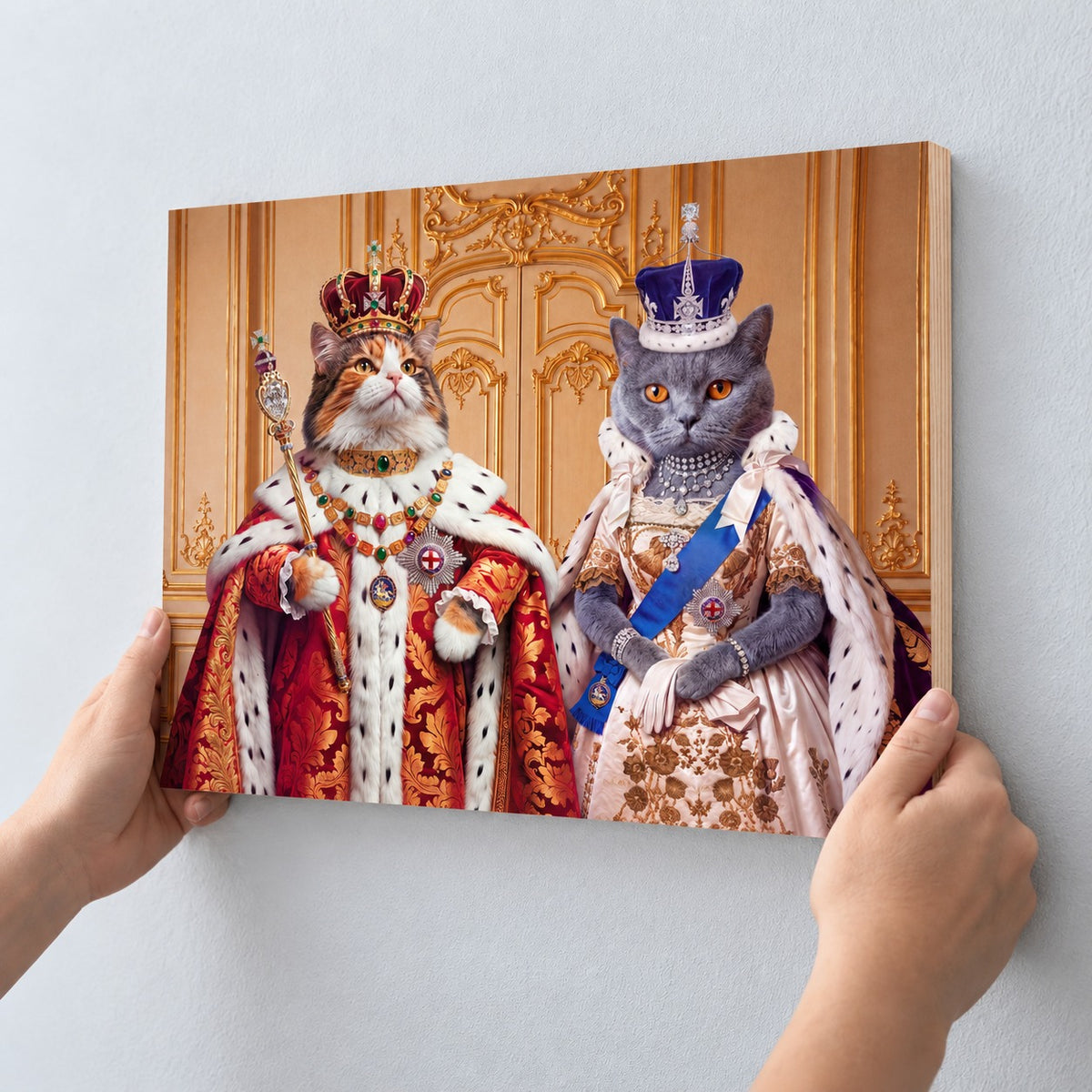 Custom cat portrait maple wood print, Royal style, 2 cats, being hung on a wall