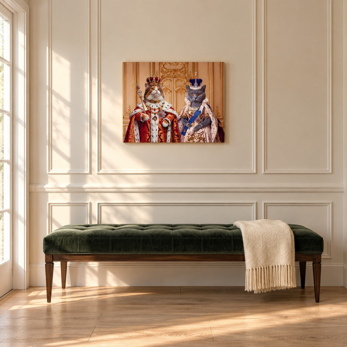 Custom cat portrait maple wood print, Royal style, 2 cats, hanging in an entry hall above a velvet bench