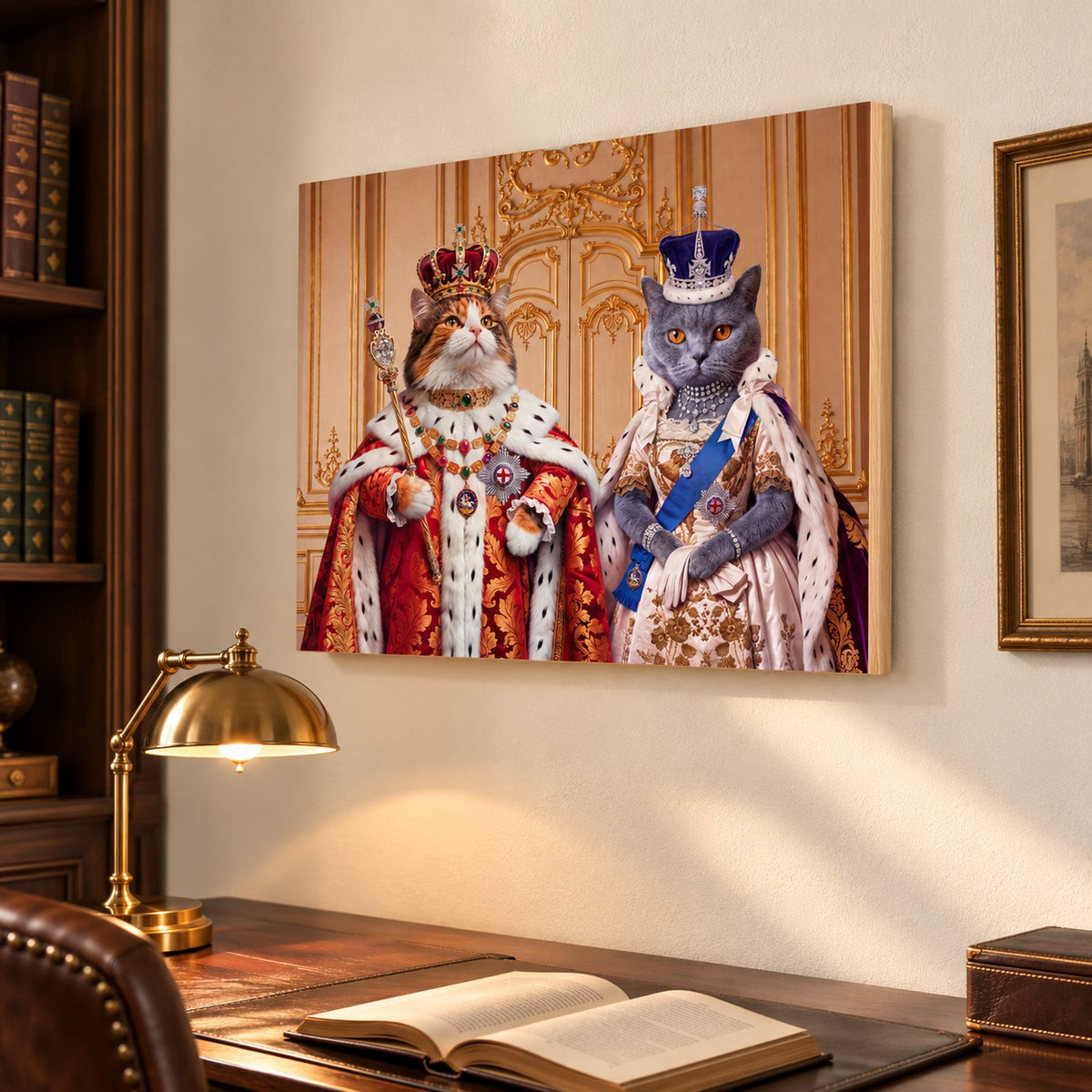 Custom cat portrait maple wood print, Royal style, 2 cats, hanging above a desk