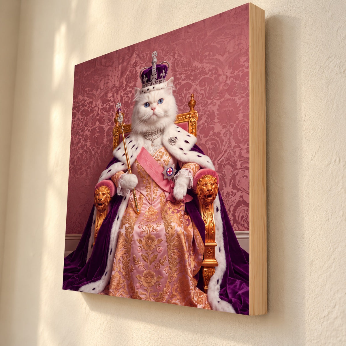 Custom cat portrait maple wood print, Royal Queen style, 1 cat, angled view showing the natural maple edge