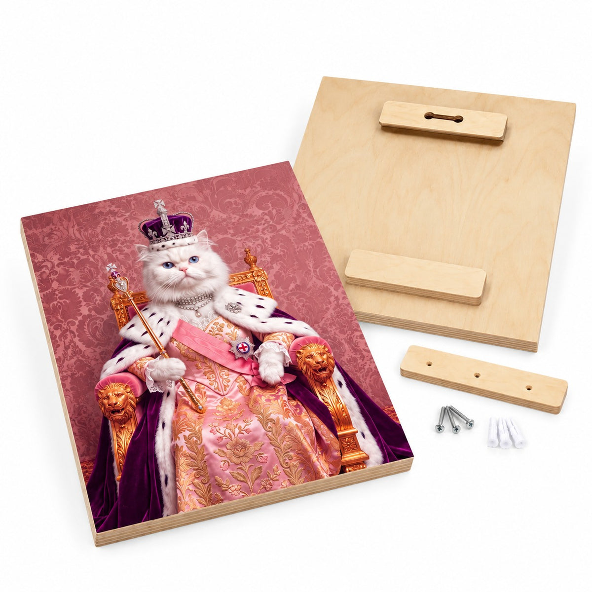 Custom cat portrait maple wood print, Royal Queen style, 1 cat, front and back with the wood float hanger, wall cleat, screws and anchors