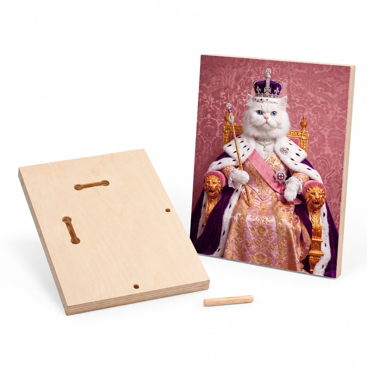 Custom cat portrait maple wood print, Royal Queen style, 1 cat, back with keyholes and the wooden dowel for standing it on a shelf