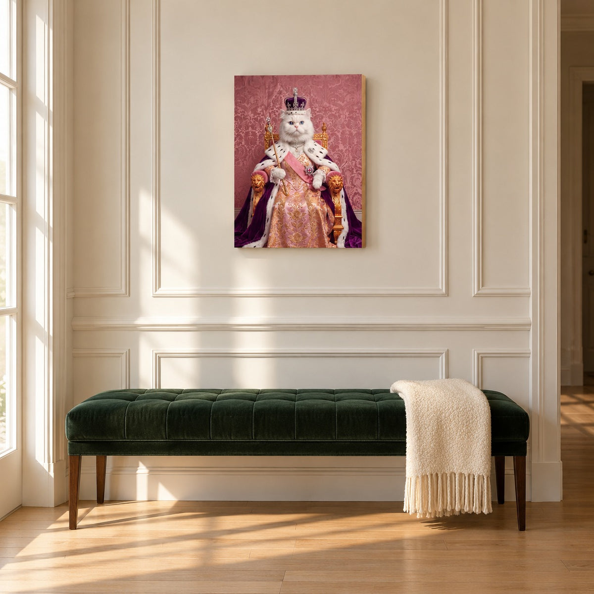 Custom cat portrait maple wood print, Royal Queen style, 1 cat, hanging in an entry hall above a velvet bench