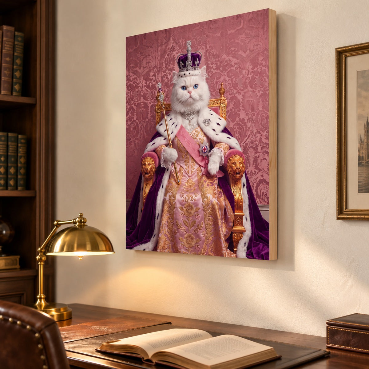 Custom cat portrait maple wood print, Royal Queen style, 1 cat, hanging above a desk