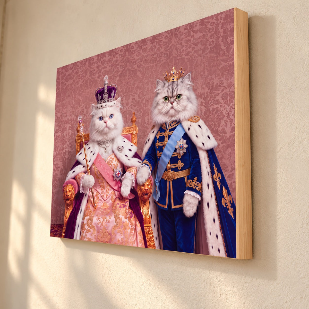 Custom cat portrait maple wood print, Royal Queen style, 2 cats, angled view showing the natural maple edge