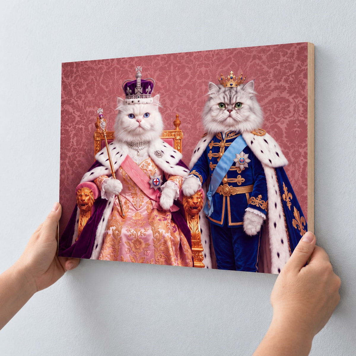 Custom cat portrait maple wood print, Royal Queen style, 2 cats, being hung on a wall