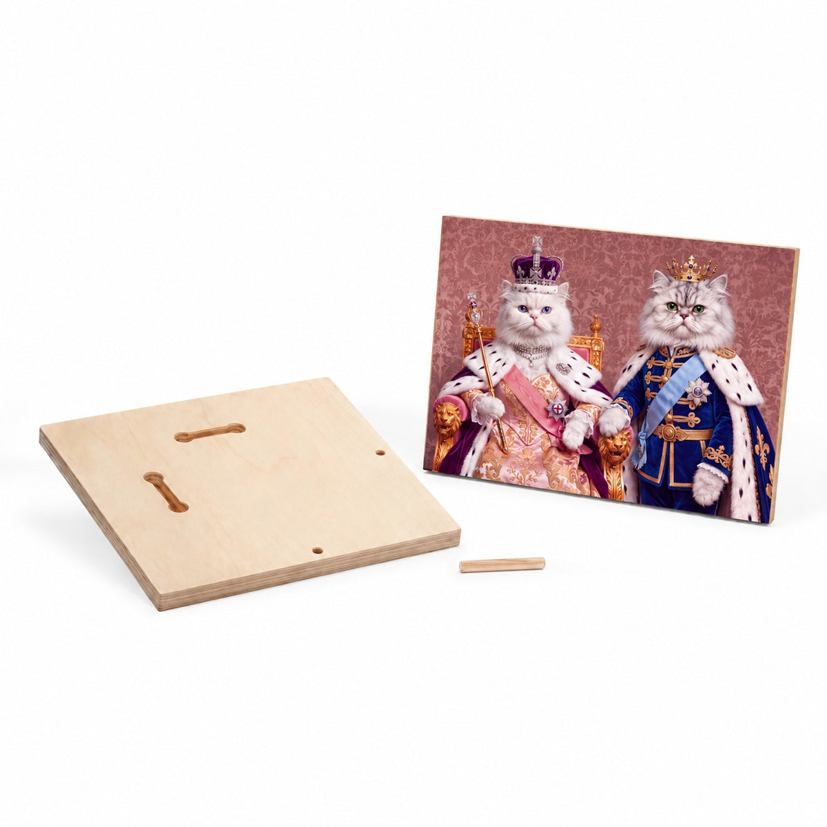 Custom cat portrait maple wood print, Royal Queen style, 2 cats, back with keyholes and the wooden dowel for standing it on a shelf