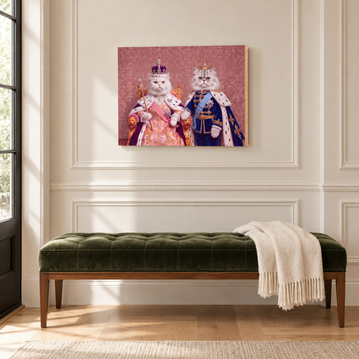 Custom cat portrait maple wood print, Royal Queen style, 2 cats, hanging in an entry hall above a velvet bench