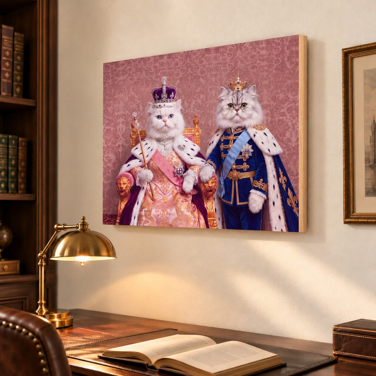 Custom cat portrait maple wood print, Royal Queen style, 2 cats, hanging above a desk
